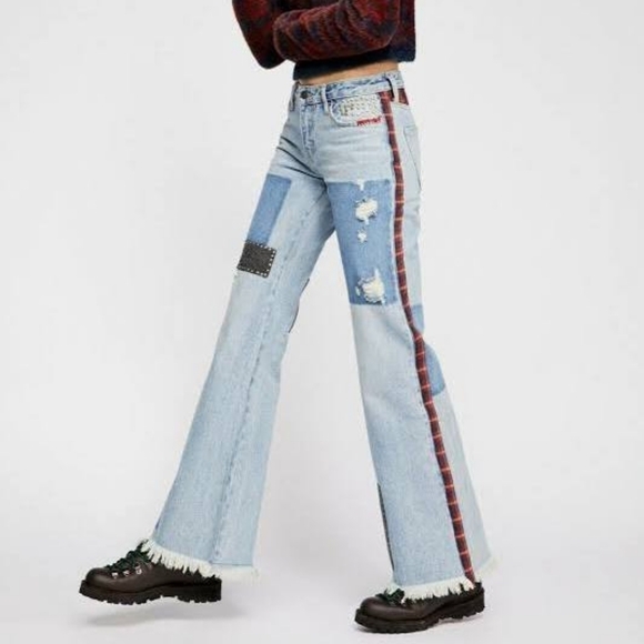 Free People Plaid Mixed Slim Flare Jeans patchwork studded size 24 - Picture 3 of 9